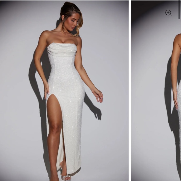 fitted lace wedding dress La Rochette Embellished Bandeau Cowl Neck Maxi Dress in Ivory